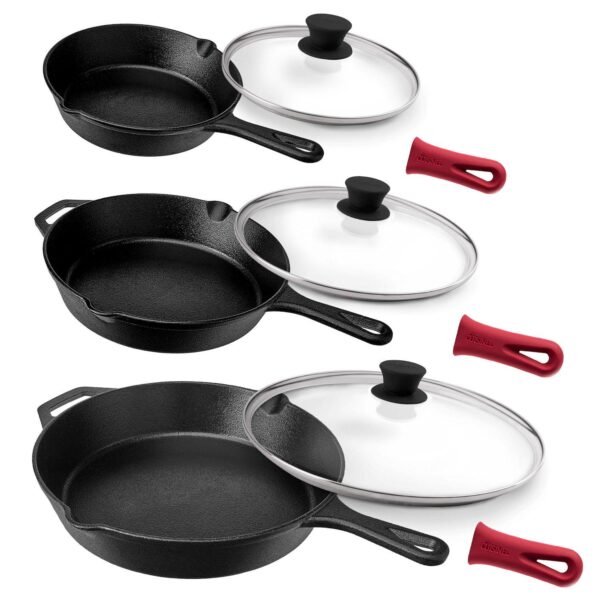 Cuisinel Cast Iron Skillet Set + Glass Lids - 8 +10 +12 -inch Frying Pans