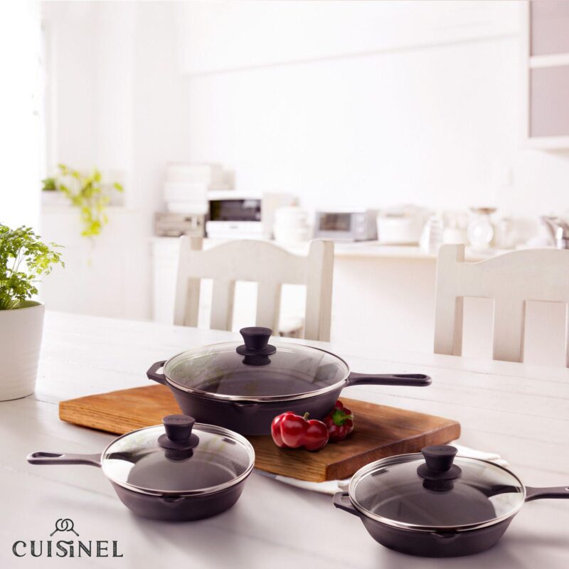 Cuisinel Cast Iron Skillet Set + Glass Lids - 8 +10 +12 -inch Frying Pans - Image 5