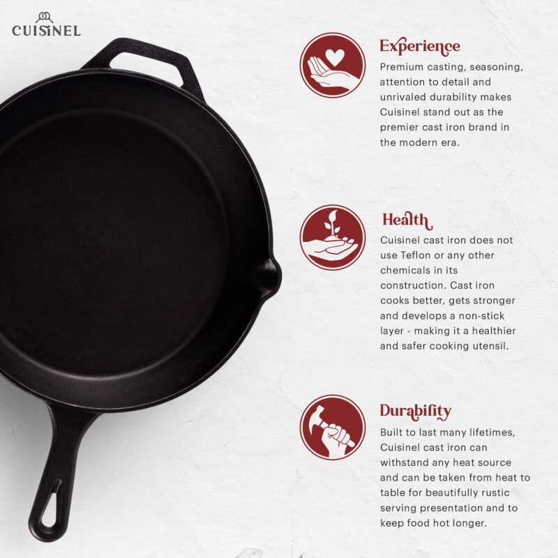 Cuisinel Cast Iron Skillet Set - 8  + 12 -inch Frying Pan + Glass Lids - Image 2