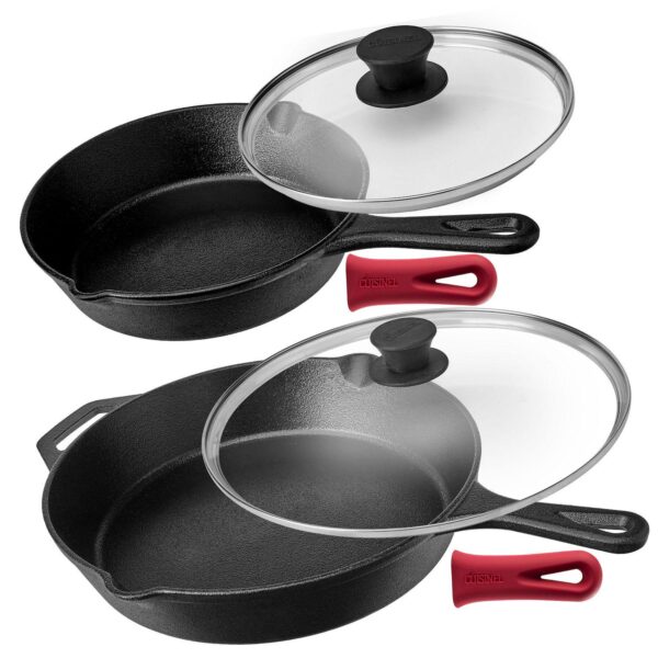 Cuisinel Cast Iron Skillet Set - 8  + 12 -inch Frying Pan + Glass Lids