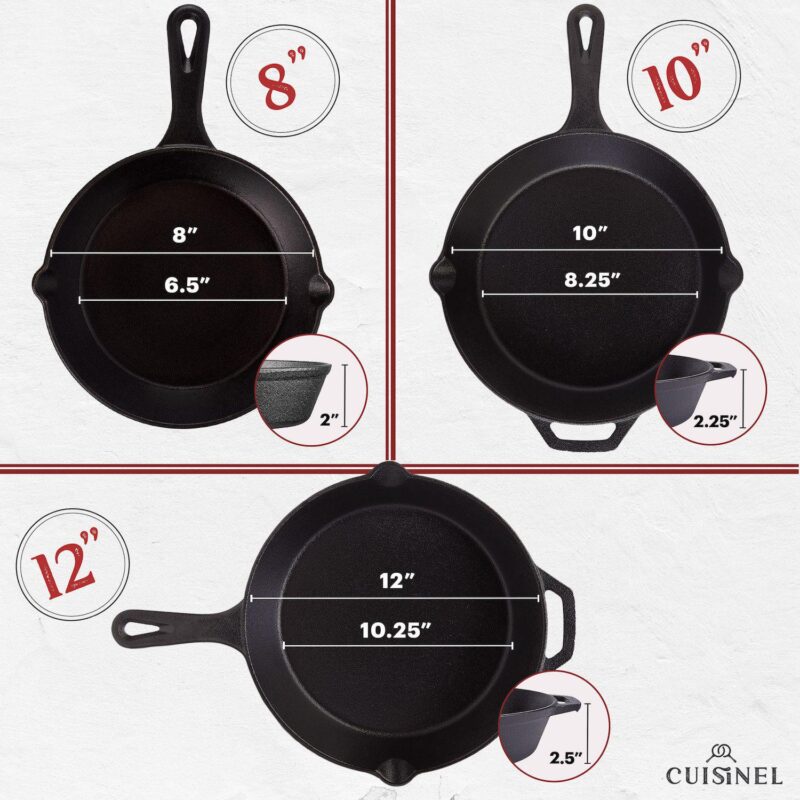 Cuisinel Cast Iron Skillet Set + Glass Lids - 8 +10 +12 -inch Frying Pans - Image 3