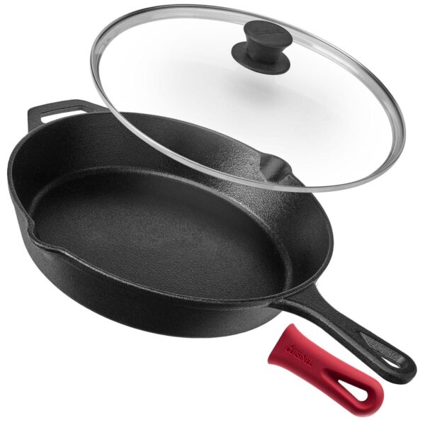 Cuisinel Cast Iron Skillet With Lid - 12 -inch Frying Pan + Glass Lid + Heat-resistant Handle Cover