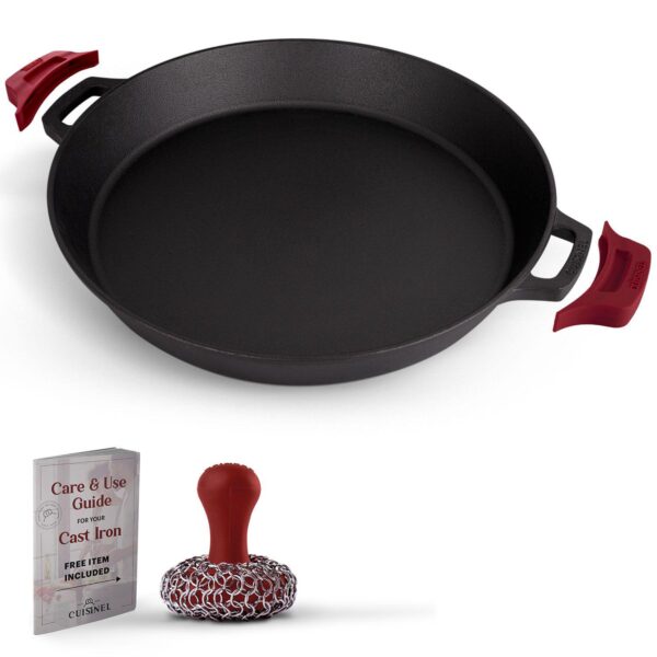 Cuisinel Cast Iron Skillet + Chainmail Scrubber - 17 -inch Dual Handle Braiser Frying Pan