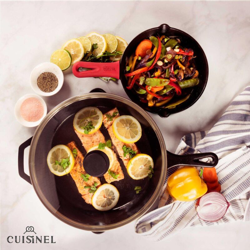 Cuisinel Cast Iron Skillet Set - 8  + 12 -inch Frying Pan + Glass Lids - Image 3