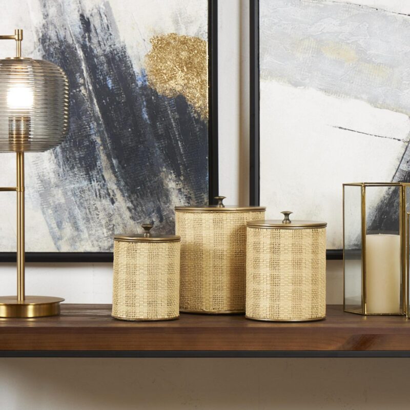 DecMode 9 , 8 , 7 H Beige Metal Handmade Woven Decorative Jars with Bronze Metal Lids, 3-Pieces - Image 2