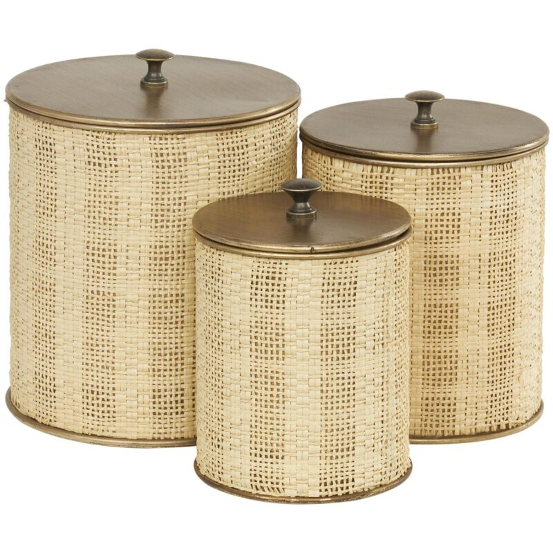 DecMode 9 , 8 , 7 H Beige Metal Handmade Woven Decorative Jars with Bronze Metal Lids, 3-Pieces - Image 11