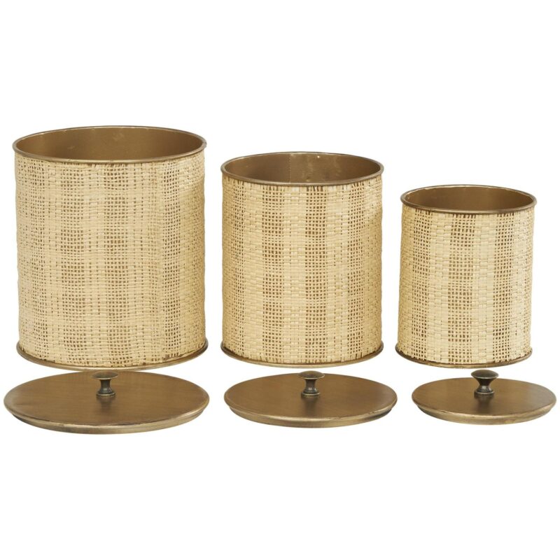 DecMode 9 , 8 , 7 H Beige Metal Handmade Woven Decorative Jars with Bronze Metal Lids, 3-Pieces - Image 10