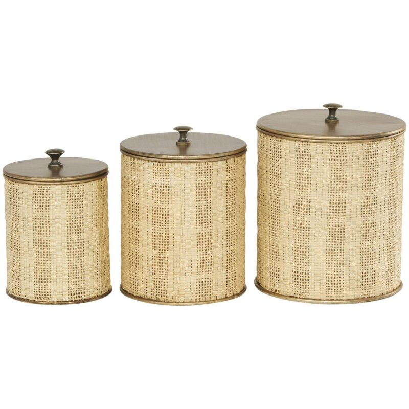 DecMode 9 , 8 , 7 H Beige Metal Handmade Woven Decorative Jars with Bronze Metal Lids, 3-Pieces - Image 12