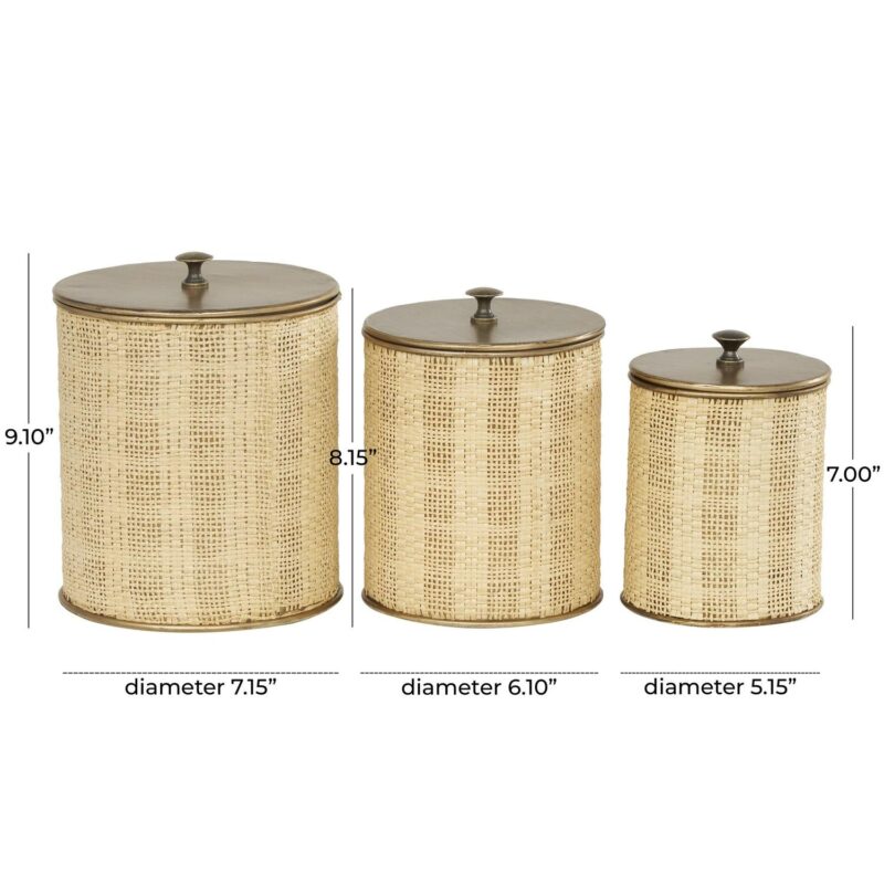 DecMode 9 , 8 , 7 H Beige Metal Handmade Woven Decorative Jars with Bronze Metal Lids, 3-Pieces - Image 3