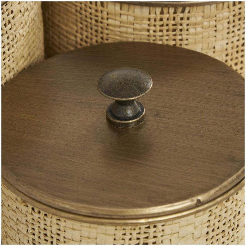 DecMode 9 , 8 , 7 H Beige Metal Handmade Woven Decorative Jars with Bronze Metal Lids, 3-Pieces - Image 4