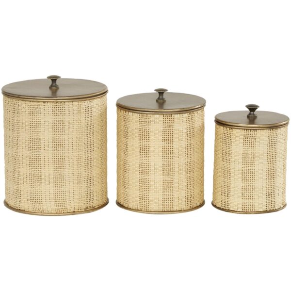 DecMode 9 , 8 , 7 H Beige Metal Handmade Woven Decorative Jars with Bronze Metal Lids, 3-Pieces