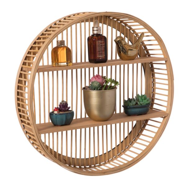 Decorative Rattan Round Display Shelf With 2 Shelves for The Dining Room, Living Room, or Office.