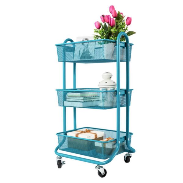 Designa Metal Utility Cart, 3 Tier Mesh Rolling Storage Cart With Handle And Lockable Wheels