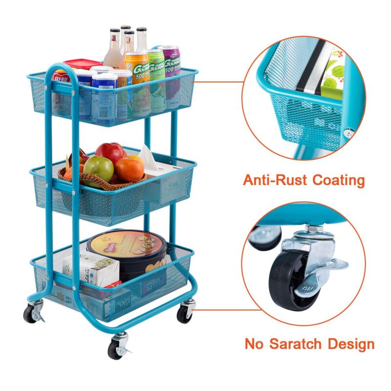 Designa Metal Utility Cart, 3 Tier Mesh Rolling Storage Cart With Handle And Lockable Wheels - Image 3