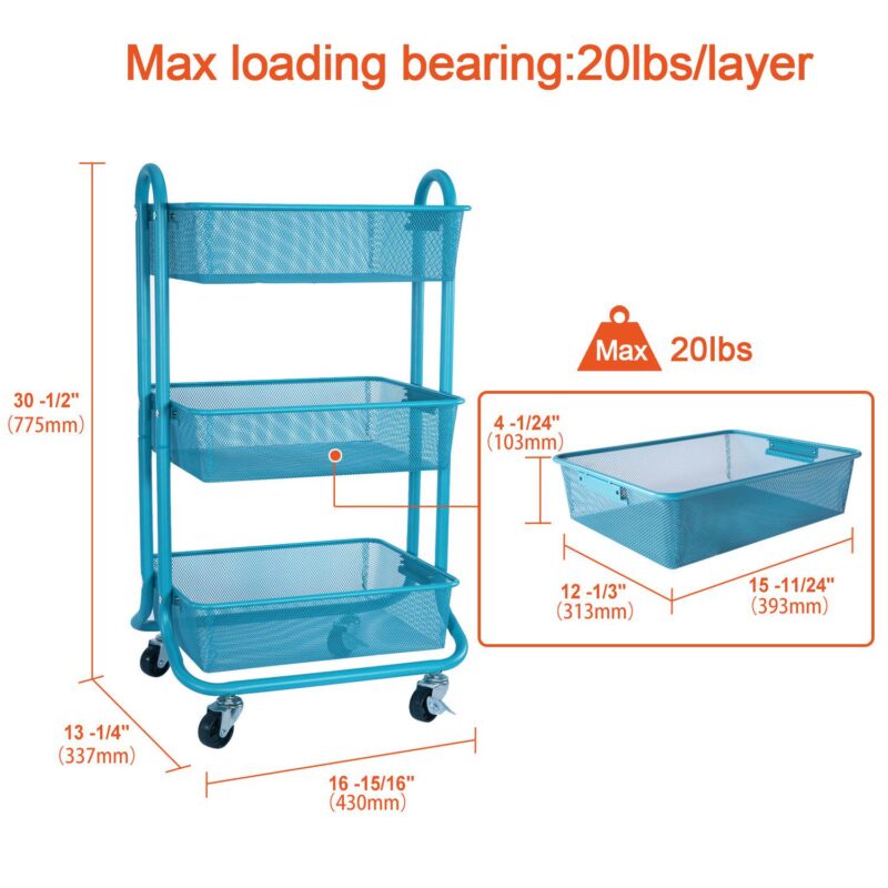 Designa Metal Utility Cart, 3 Tier Mesh Rolling Storage Cart With Handle And Lockable Wheels - Image 5