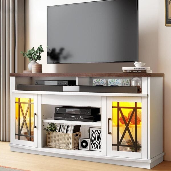 Dextrus TV Stand with LED Lights for TVs up to 70 , Entertainment Center Media Console Cabinet with Glass Door,