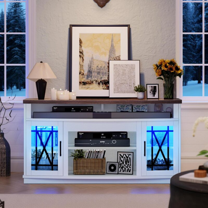 Dextrus TV Stand with LED Lights for TVs up to 70 , Entertainment Center Media Console Cabinet with Glass Door, - Image 2
