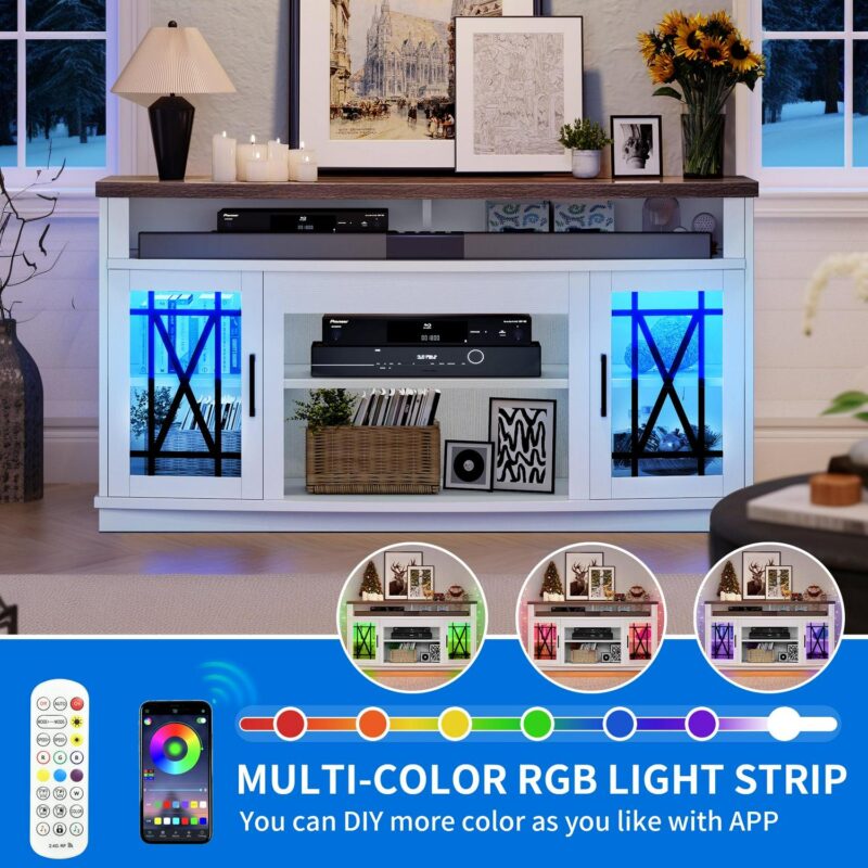 Dextrus TV Stand with LED Lights for TVs up to 70 , Entertainment Center Media Console Cabinet with Glass Door, - Image 4