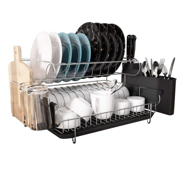 Double Tier Stainless Steel Dish Rack With Drainboard Set And Utensil Holder