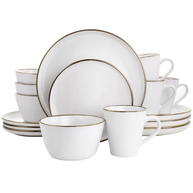 Elama Arthur 16 Piece Stoneware Dinnerware Set in Matte White with Gold Rim - Image 7