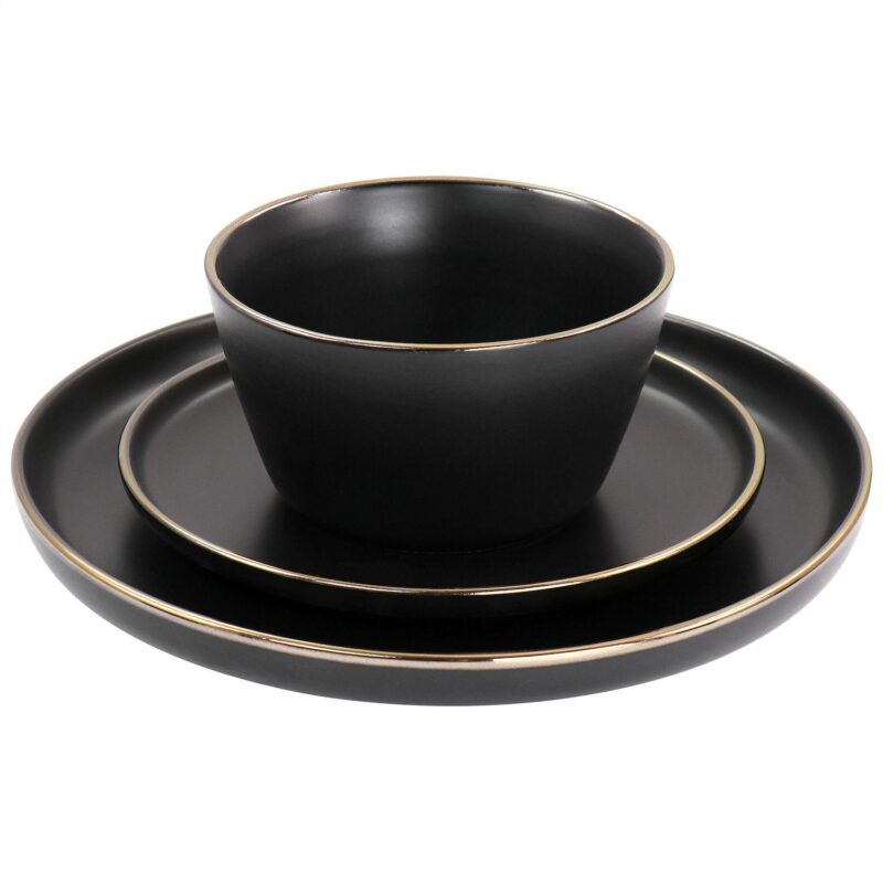 Elama Arthur 16 Piece Stoneware Dinnerware Set in Matte White with Gold Rim - Image 3