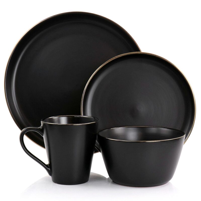 Elama Arthur 16 Piece Stoneware Dinnerware Set in Matte White with Gold Rim - Image 2