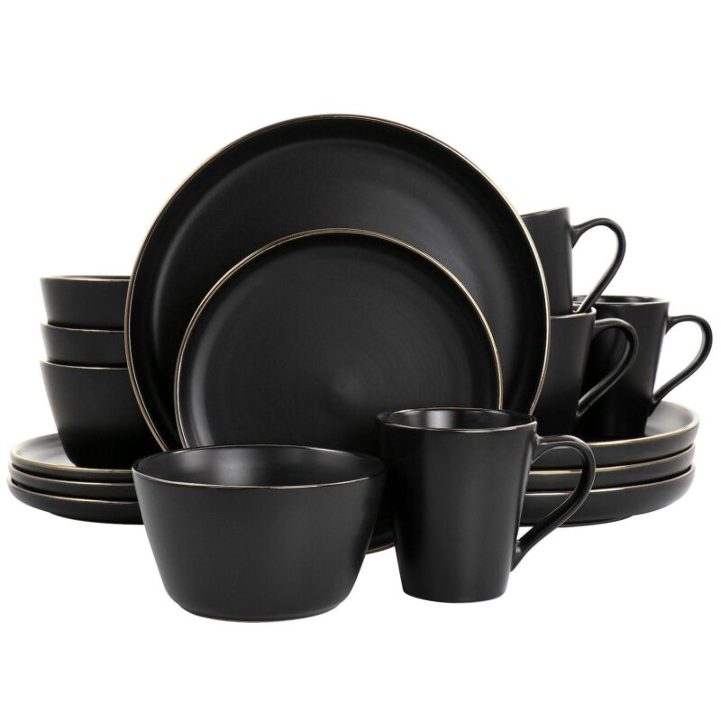 Elama Arthur 16 Piece Stoneware Dinnerware Set in Matte White with Gold Rim