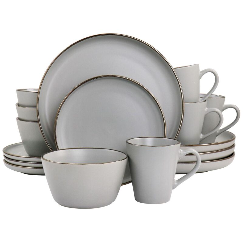 Elama Arthur 16 Piece Stoneware Dinnerware Set in Matte White with Gold Rim - Image 6