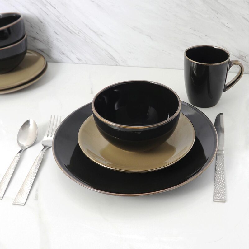 Elama Cambridge Grand 16-Piece Dinnerware Set in Luxurious Black and Warm Taupe with Complete Setting for 4 - Image 4