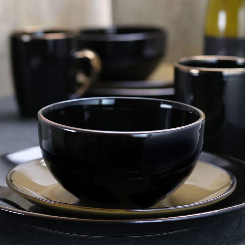 Elama Cambridge Grand 16-Piece Dinnerware Set in Luxurious Black and Warm Taupe with Complete Setting for 4 - Image 2