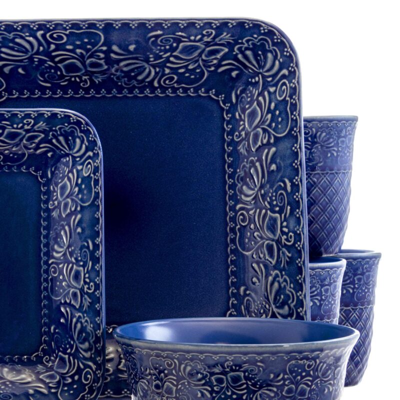 Elama Indigo Lotus 16 Piece Square Dinnerware Set - Image 2