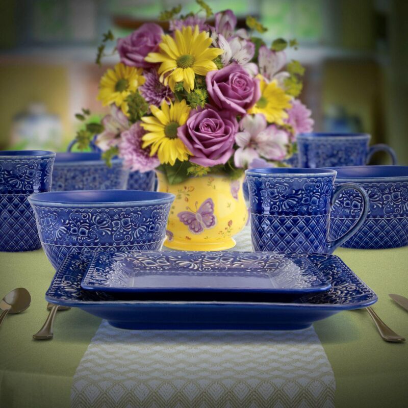 Elama Indigo Lotus 16 Piece Square Dinnerware Set - Image 5