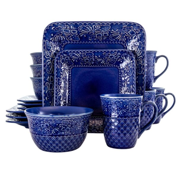 Elama Indigo Lotus 16 Piece Square Dinnerware Set