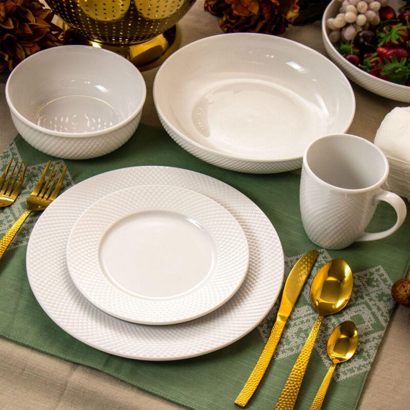 Elama Maisy 18 Piece Round Porcelain Dinnerware Set in White - Image 4