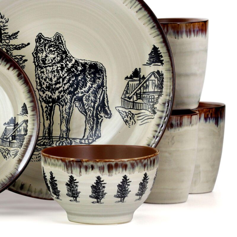 Elama Majestic Wolf 16 Piece Luxurious Stoneware Dinnerware with Complete Setting for 4 - Image 4