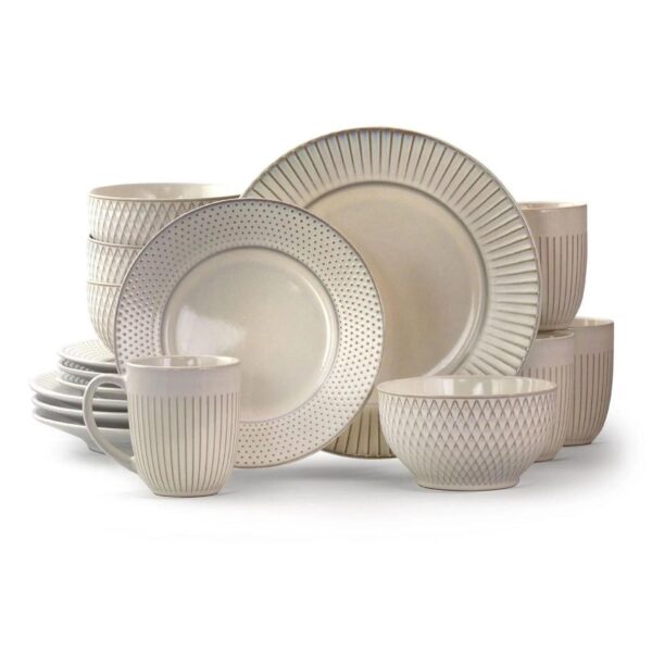 Elama Market Finds 16 Piece Round Stoneware Dinnerware Set in Embossed White