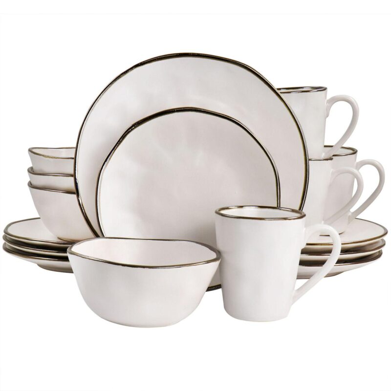 Elama Modern 16 Piece Stoneware Dinnerware Set in Matte White with Gold Rim - Image 6