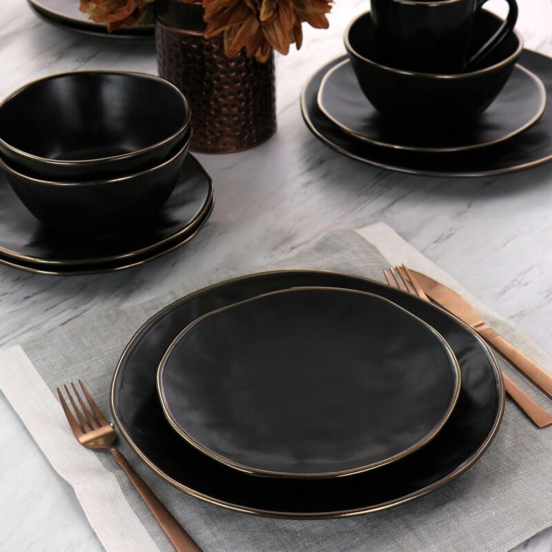 Elama Modern 16 Piece Stoneware Dinnerware Set in Matte White with Gold Rim - Image 4