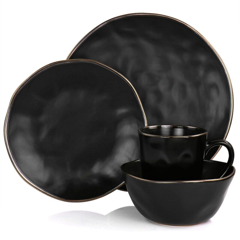 Elama Modern 16 Piece Stoneware Dinnerware Set in Matte White with Gold Rim - Image 2