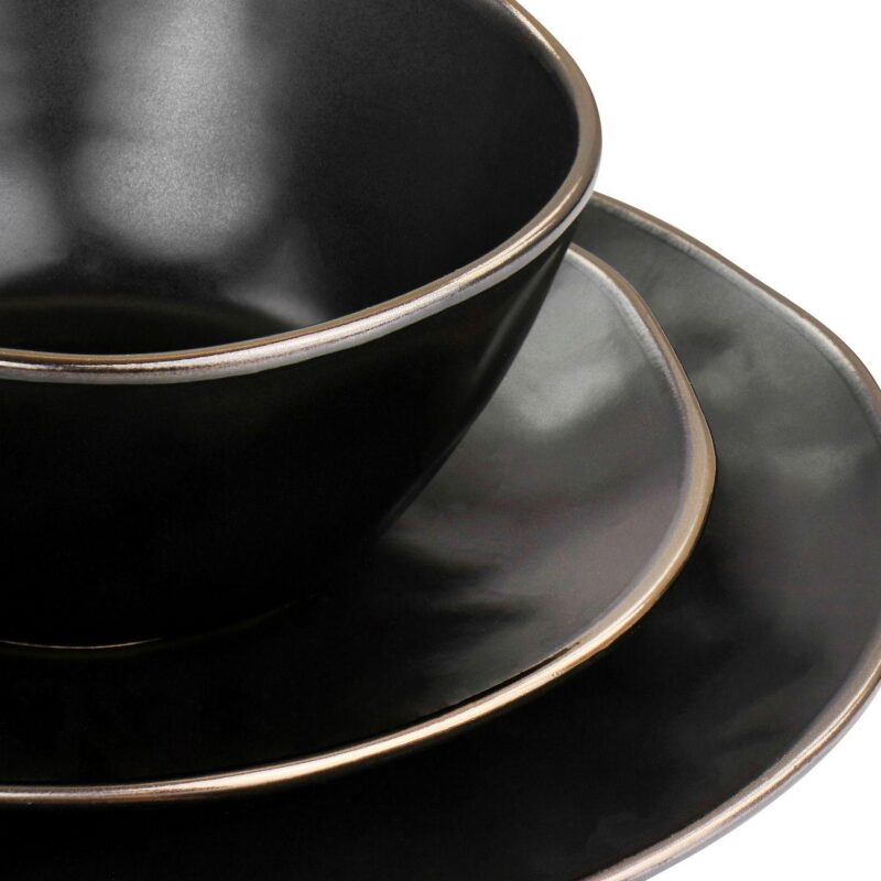 Elama Modern 16 Piece Stoneware Dinnerware Set in Matte White with Gold Rim - Image 3