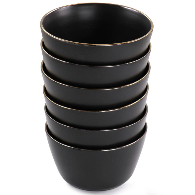 Elama Paul 6 Piece Stoneware Bowl Set in Matte Black with Gold Rim - Image 2