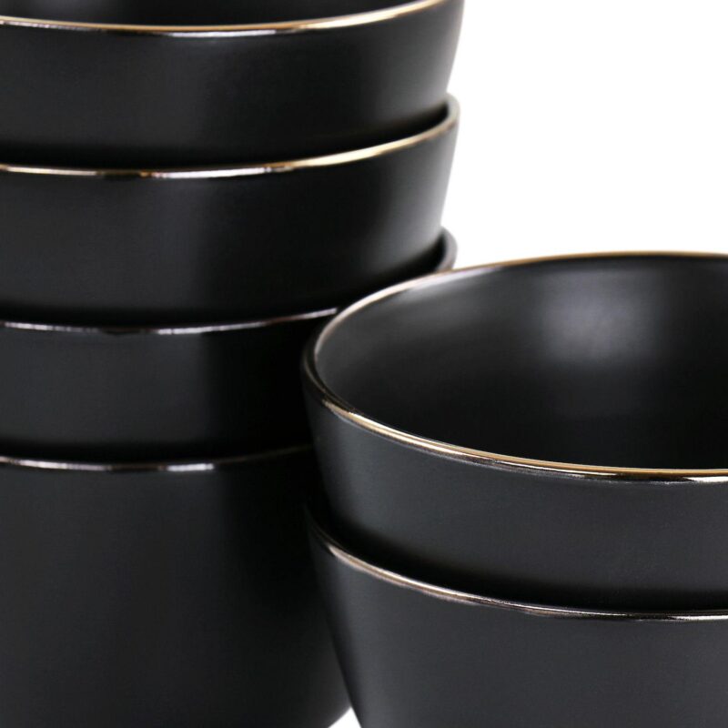 Elama Paul 6 Piece Stoneware Bowl Set in Matte Black with Gold Rim - Image 3