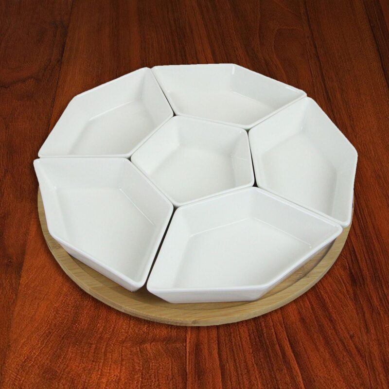 Elama Signature 12 Inch 7-Piece Condiment Server Set with Awood Lazy Suzan Serving Tray - Image 4
