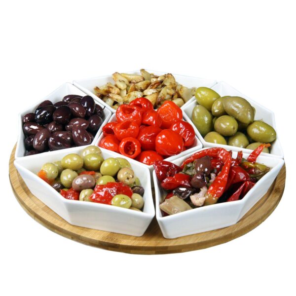 Elama Signature 12 Inch 7-Piece Condiment Server Set with Awood Lazy Suzan Serving Tray