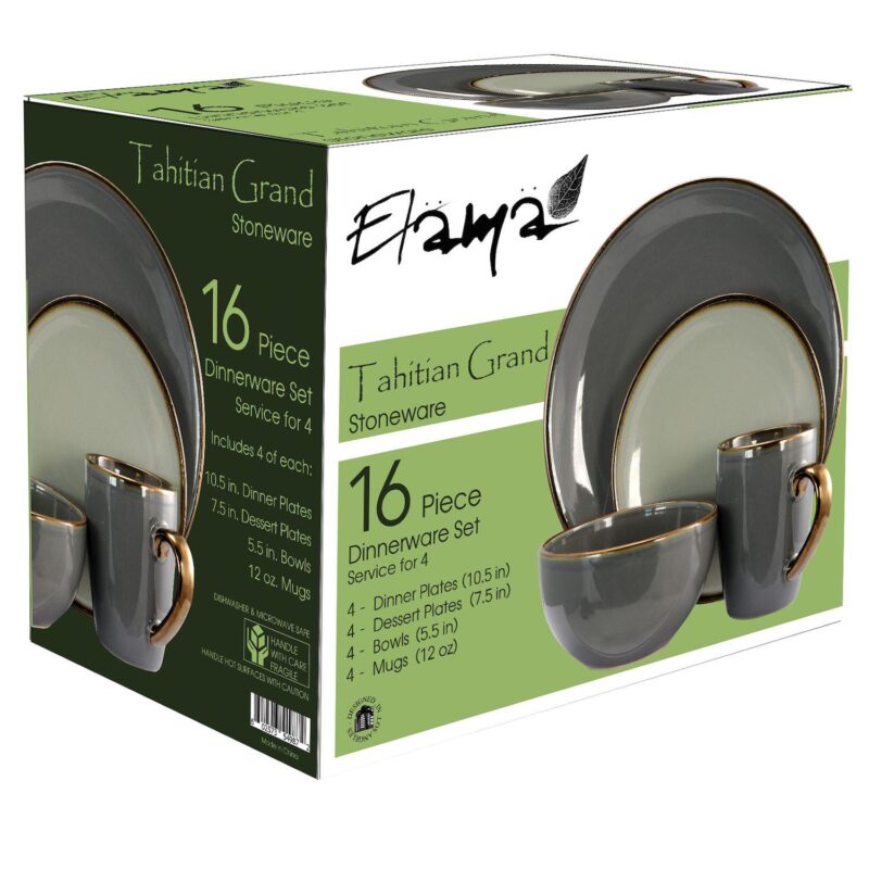 Elama Tahitian Grand 16 Piece Stoneware Dinnerware Set in Gray - Image 2