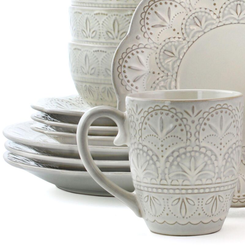Elama White Lace 16 Piece Luxurious Stoneware Dinnerware with Complete Setting for 4 - Image 4