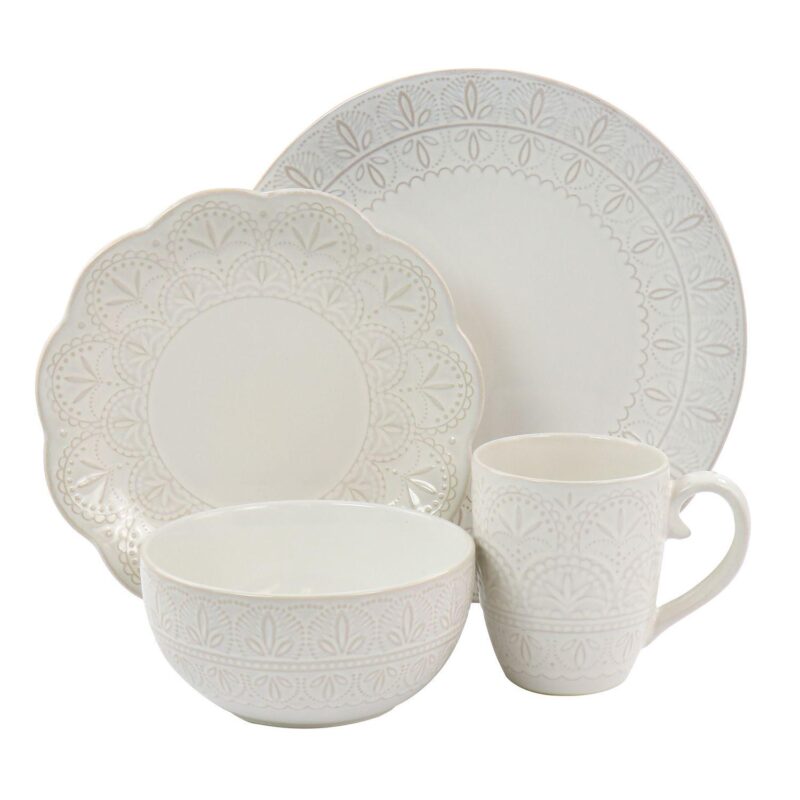 Elama White Lace 16 Piece Luxurious Stoneware Dinnerware with Complete Setting for 4 - Image 2