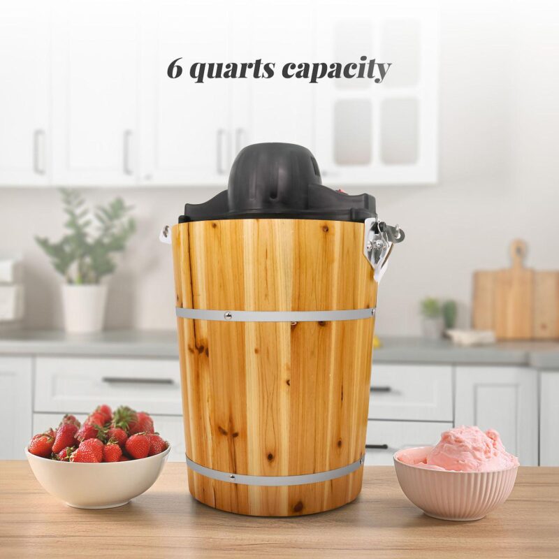 Elite Cuisine 6Qt. Old Fashioned Pine Bucket Ice Cream Maker with Hand Crank - Image 2