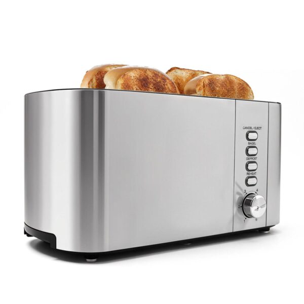 Elite Cuisine Stainless Steel 4 Slice Long Slot Toaster, Extra Wide Slots, Bagel Function