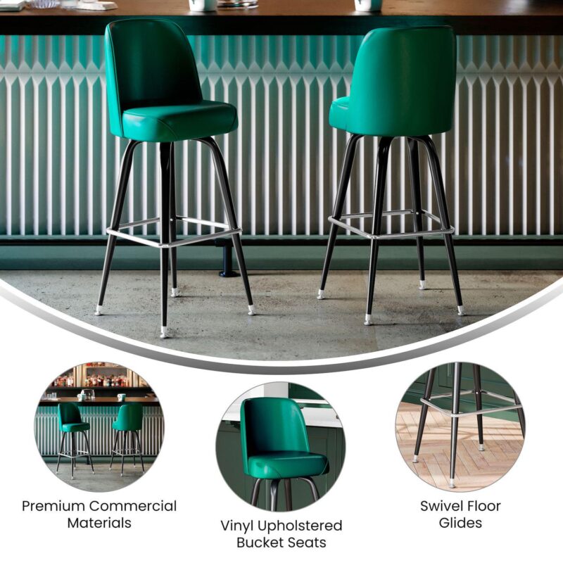 Emma And Oliver 2 Pack Metal Barstool With Swivel Vinyl Upholstered Bucket Seat And Footrest - Image 4